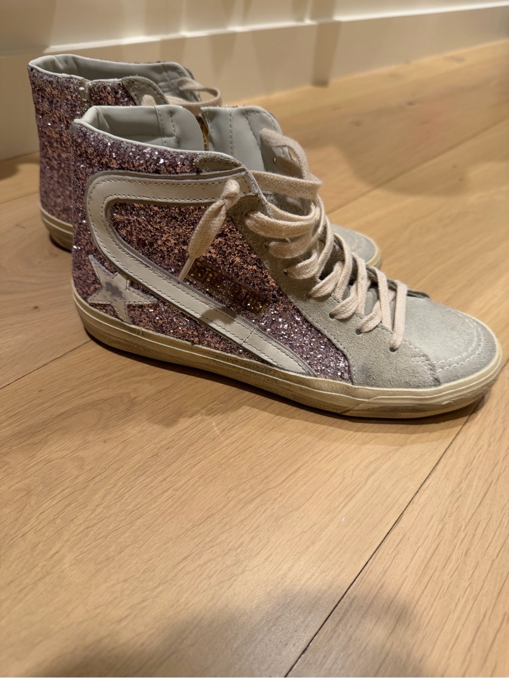 Golden Goose Pink Glitter High-Top Sneakers with Cream Trim